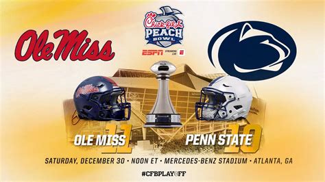 No. 11 Ole Miss (10-2) meets No. 10 Penn State (10-2) today at 11 a.m. from the Mercedes-Benz Stadium in Atlanta for this season's playing of the Chick-fil-A Peach Bowl.